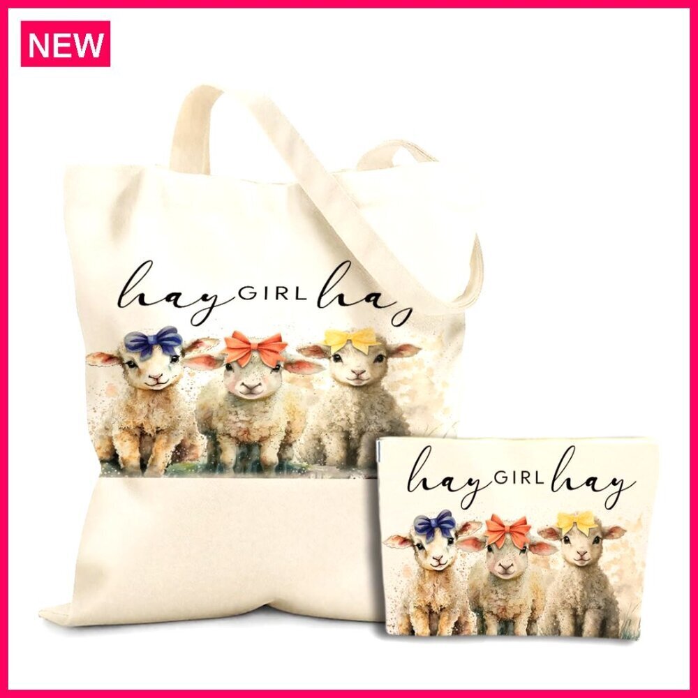 Canvas Tote Bag Set with Cosmetic Pouch, Large 13.4x15.7 Inch, Zipper Pockets
